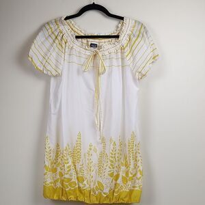 Patagonia Mustard Yellow & White Floral  Short Sleeve Boho Top Size L